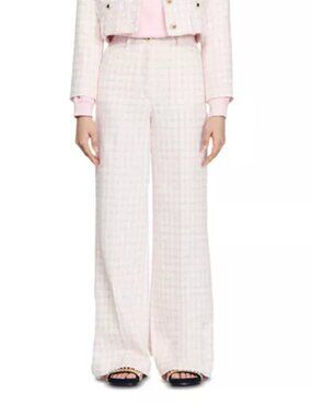 Sandro Pink Houndstooth Wide Leg Tweed Pants - Size M